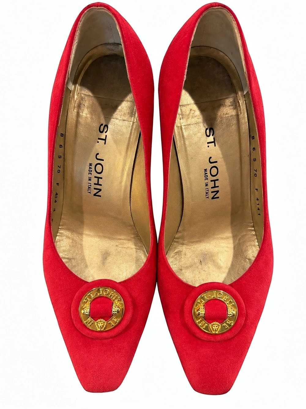 St. John Couture Red Suede Gold Logo Buckle Pumps Size 6 Made in Italy